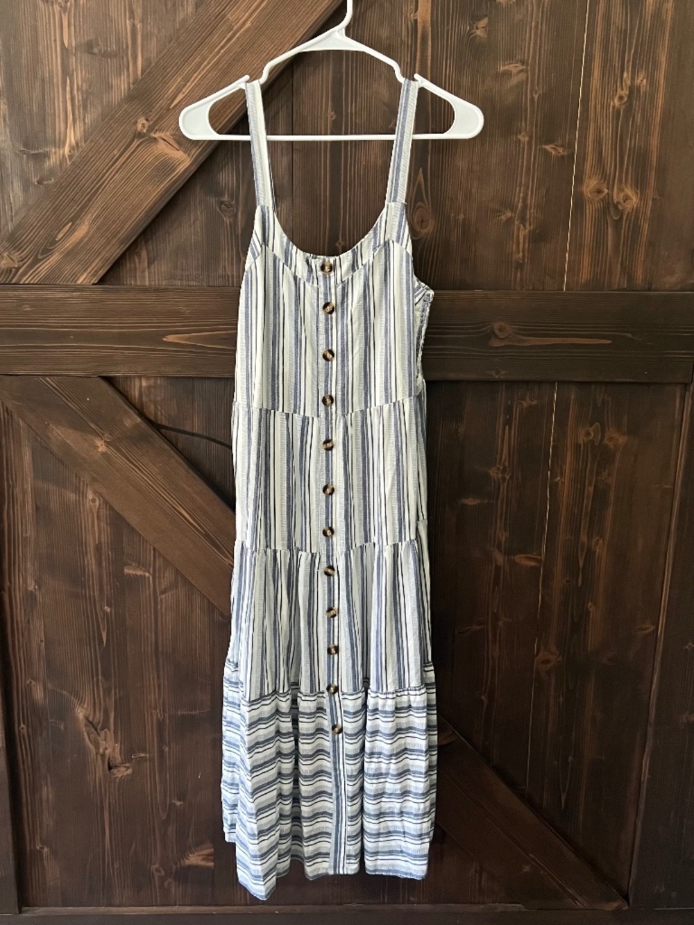 Lark + Grey Blue & White Striped Button Front Tiered Midi Dress Size Large